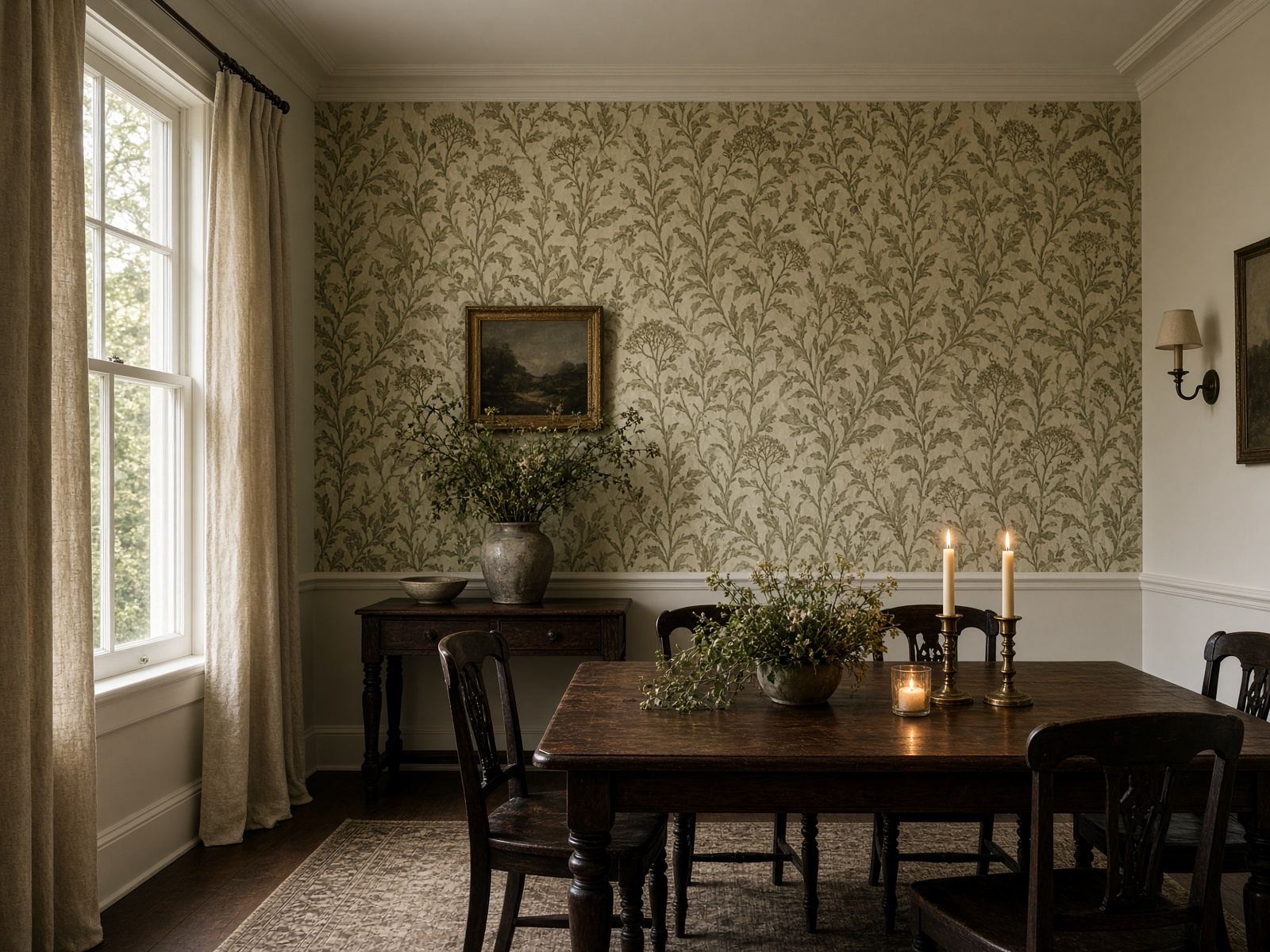 Dining room with a botanical wallpaper feature wall and painted off-white woodwork.