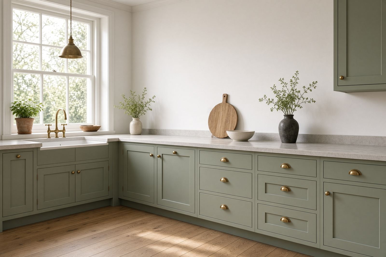 Shaker kitchen with sage green hand-painted cabinets, a stone worktop and a sash window.