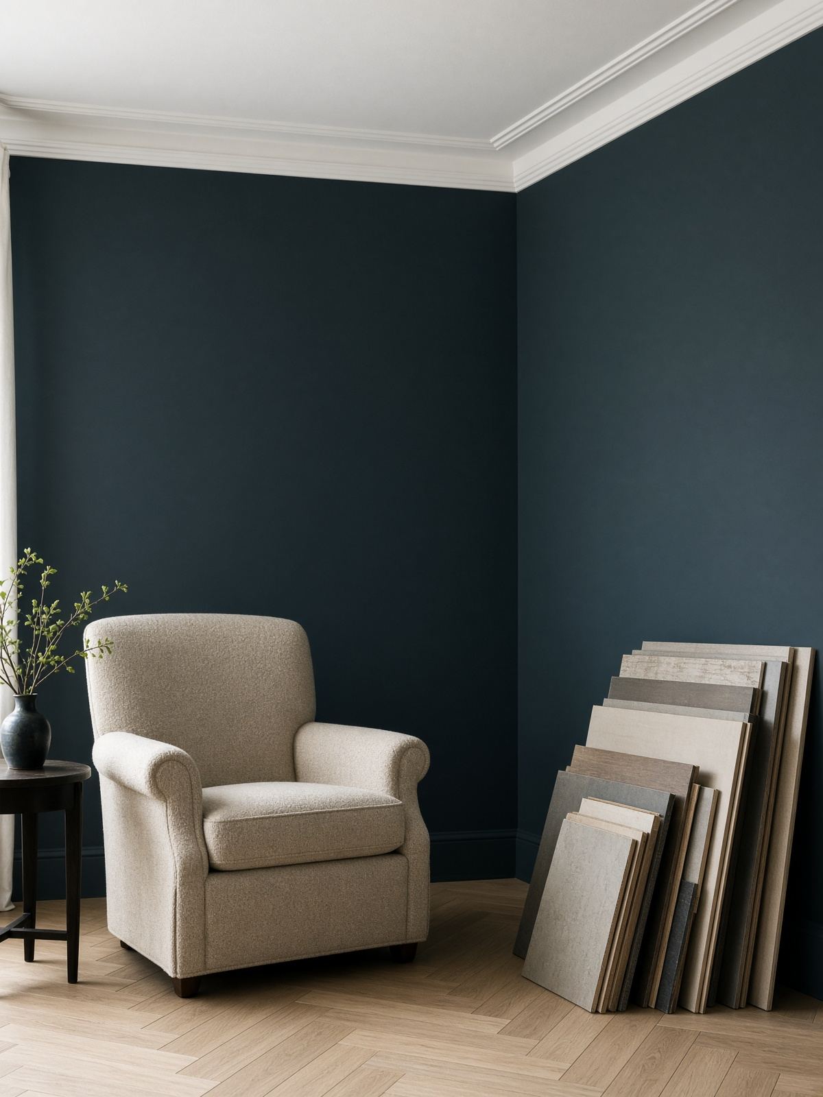 Sitting room corner in a deep ink blue-green, with a wool armchair and sample boards.